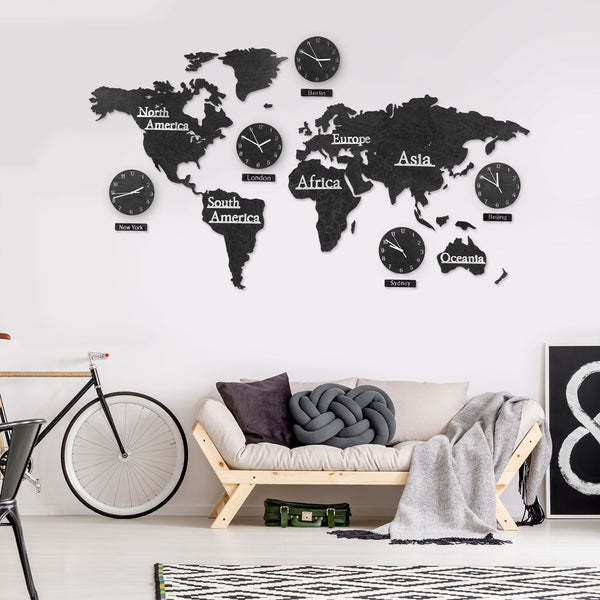 3D Wood World Map Motif with 5 Clocks Black - 190 x 120 cm