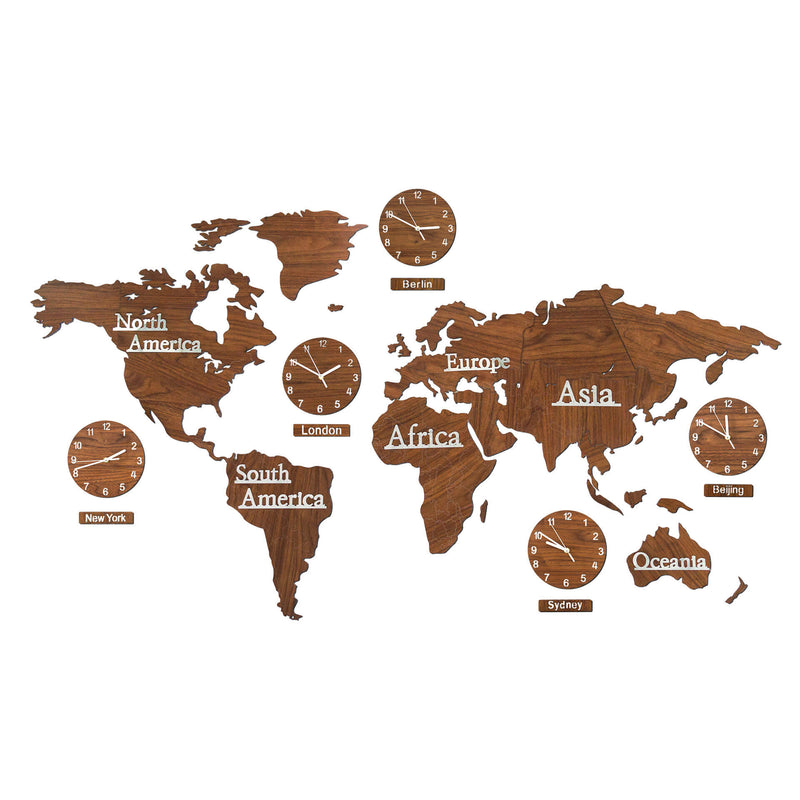 3D Wood World Map Motif with 5 Clocks Brown - 190 x 120 cm