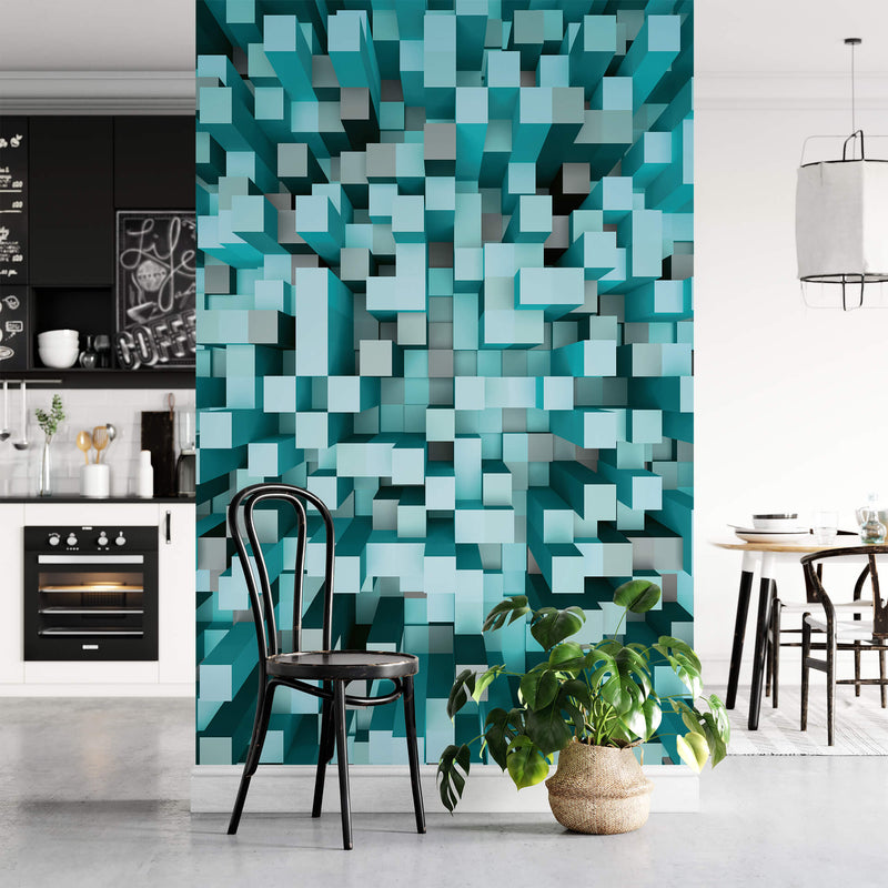 3D Squares Blue Wall Mural In Kitchen