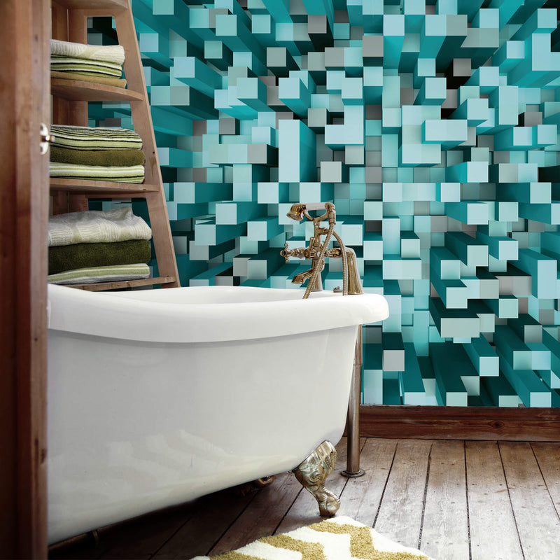 3D Squares Blue Wall Mural In Bathroom