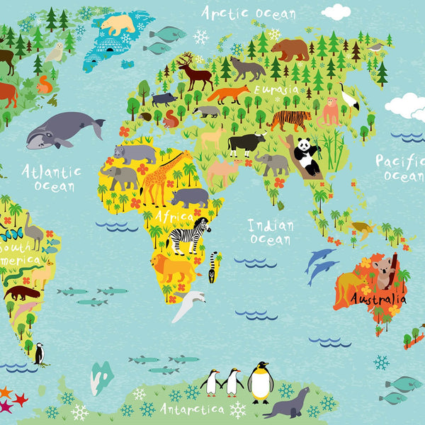 Kids World Map Animals - Wall Mural 5451
