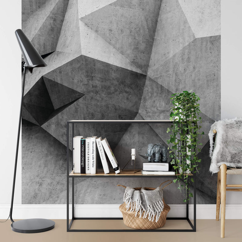 3D Concrete Wall Mural With Lamp & Chair
