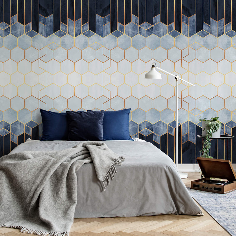 Blue & White Hexagons - Wall Mural & Bed